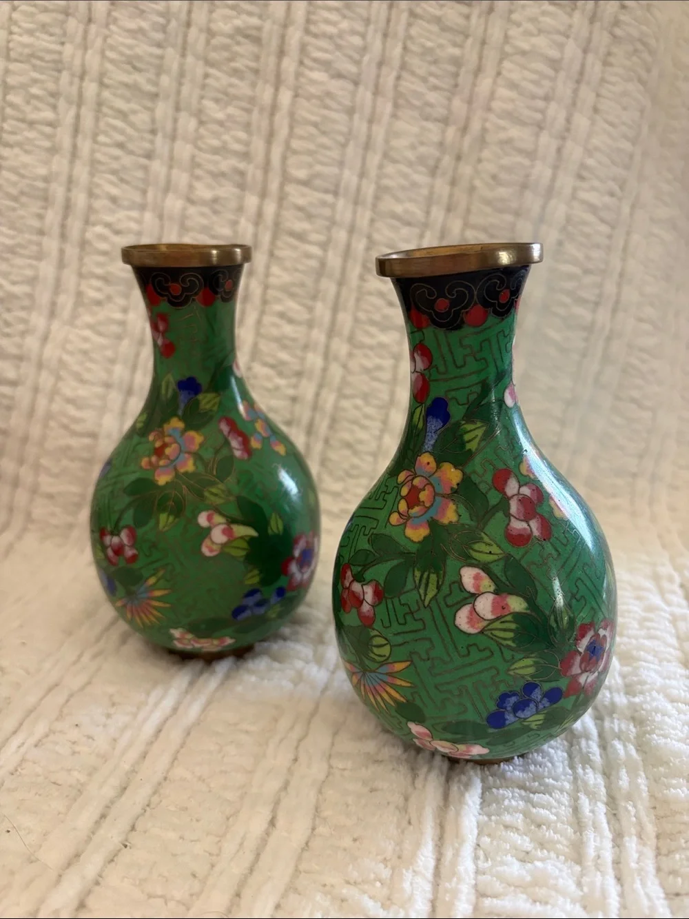 Green Floral Cloisonné Bud Vase (Pair)